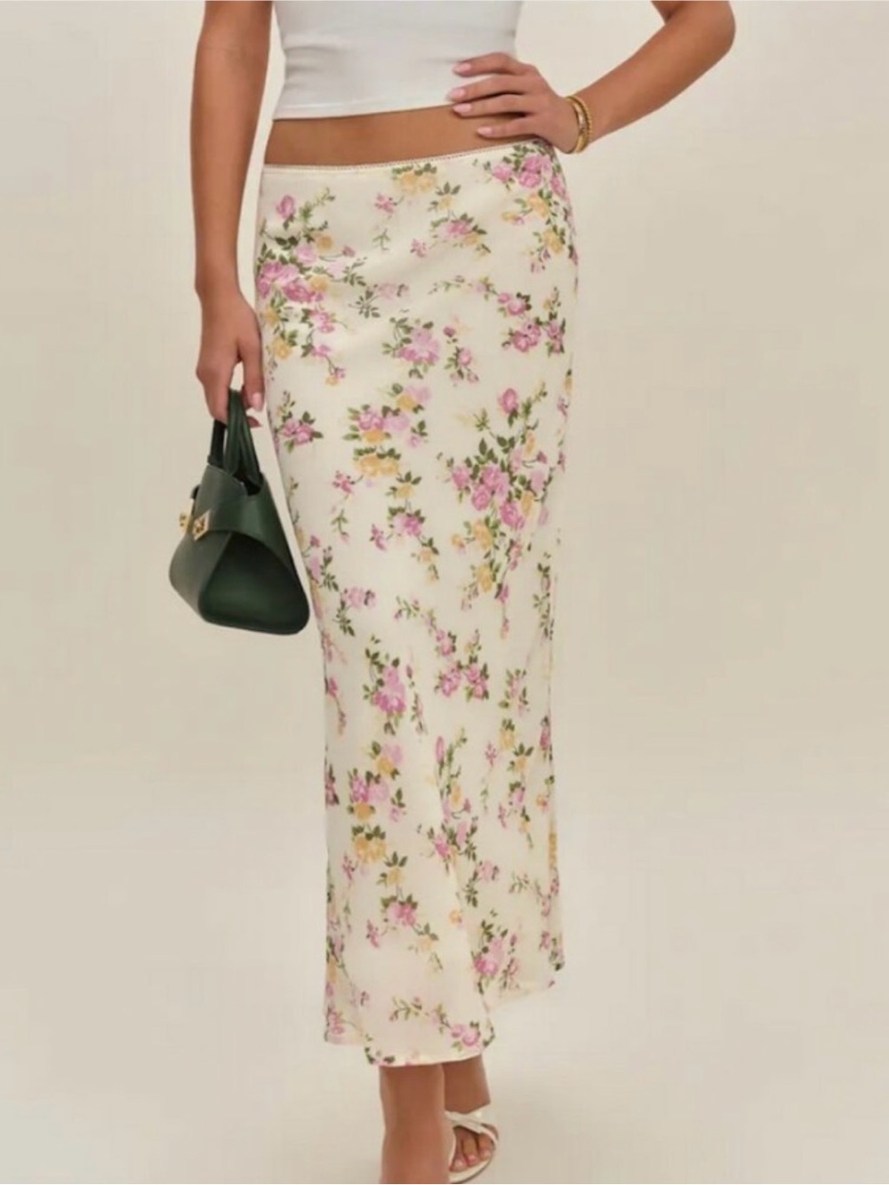 Reformation Cream Maxi Skirt with Pink & Green Floral Print